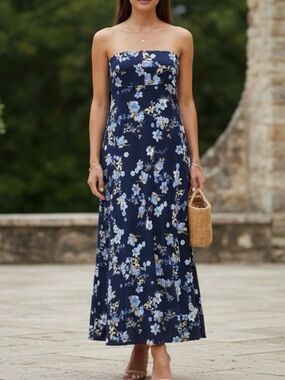 WAYF Strapless Linen Blend Maxi Dress Navy Blue Floral Smocked Women’s M